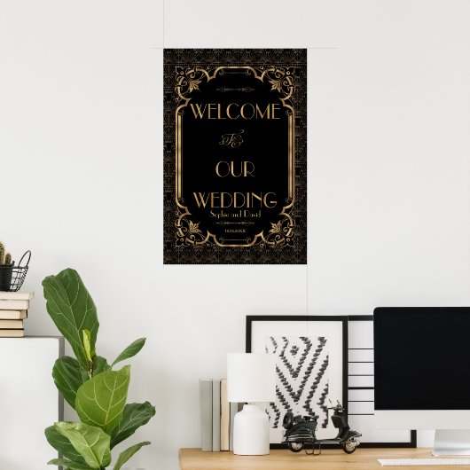 Glam Great Gatsby Gold Black Wedding Willkommensze Poster (Heimbüro)