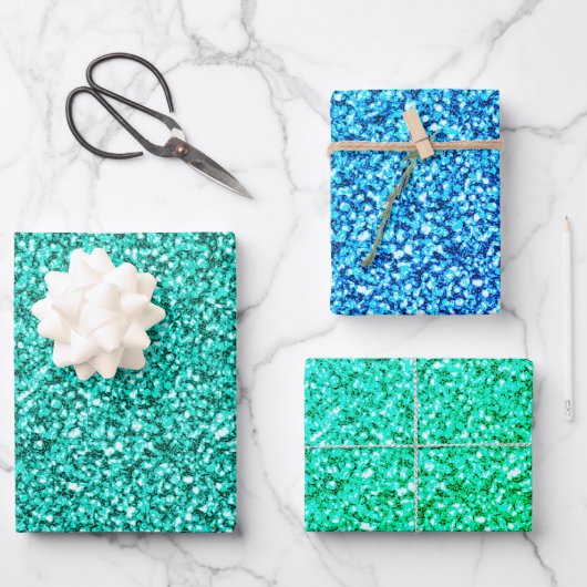 Glam Green Aquamarin Blue Glitzer Sparkle Geschenkpapier Set (Vorderseite)