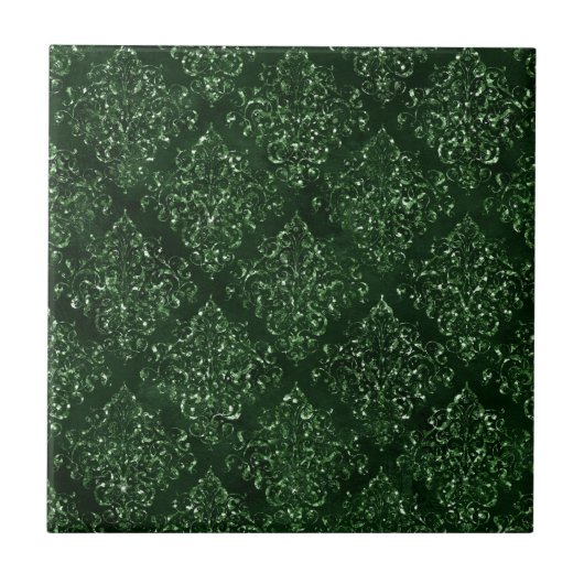 Glam Green Damask Muster Fliese (Vorderseite)