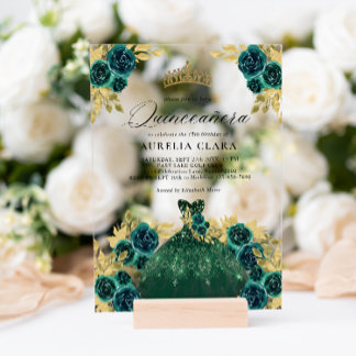 Glam Green Dress Floral 15. Quinceañera Acryleinladungen