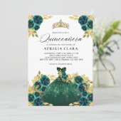 Glam Green Dress Floral 15. Quinceañera Einladung (Stehend Vorderseite)
