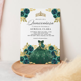 Glam Green Dress Floral 15. Quinceañera Einladung