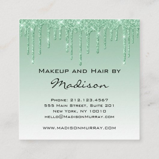 Glam Green Drilling Glitzer Tropfen Makeup Artist Quadratische Visitenkarte (Rückseite)