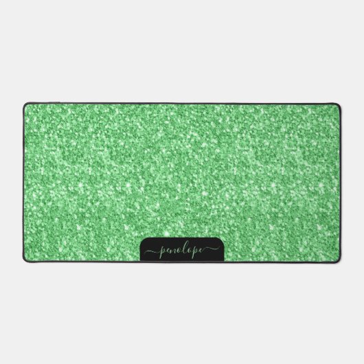 Glam Green Glitzer Textur und Glitzern, Monogramm Schreibtischunterlage (Vorderseite)