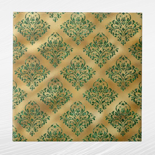 Glam Green Gold Damask Muster Fliese
