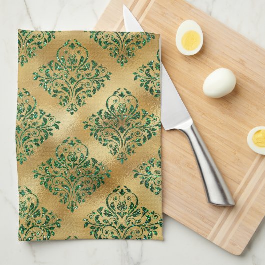 Glam Green Gold Damask Muster Geschirrtuch (Viertel Falte)