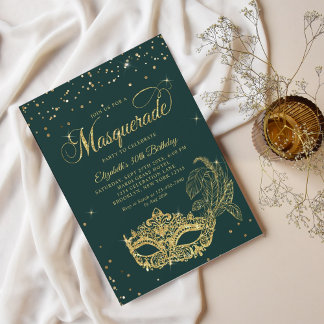 Glam Green Gold Glitzer Masquerade Geburtstag Einladung