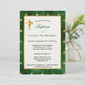 Glam Green Gold Stars Taufe Einladung (Stehend Vorderseite)