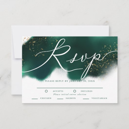 Glam Green Gold Wedding RSVP mit Wahlmöglichkeit (Vorderseite)