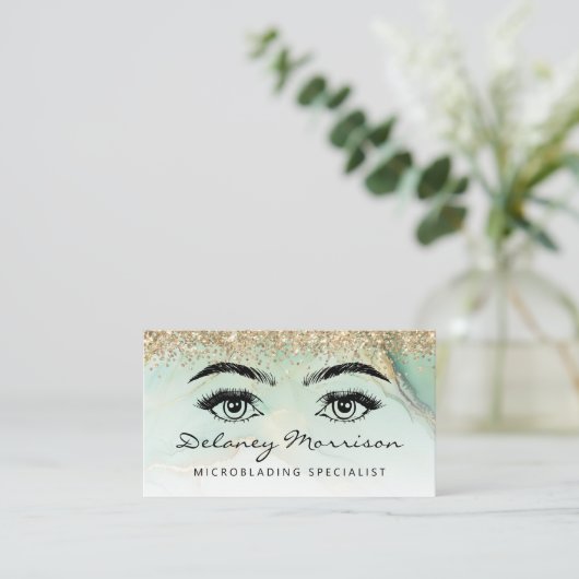 Glam Green Marble Gold Glitter Eyes Microblading Visitenkarte (Stehend Vorderseite)