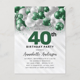 Glam Green Silver Balloon Glitzer 40. Geburtstag Postkarte