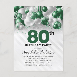 Glam Green Silver Balloon Glitzer 80. Geburtstag Postkarte