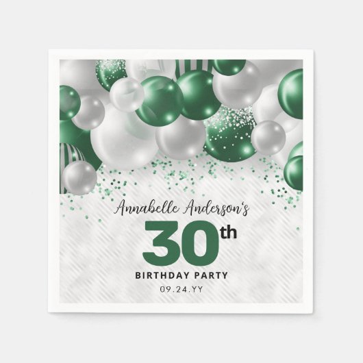 Glam Green Silver Balloon Glitzer Gunst Birthday Serviette (Vorderseite)
