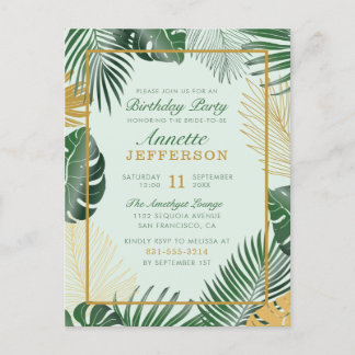 Glam Green Tropical Blätter Moderne Geburtstagspar Einladungspostkarte