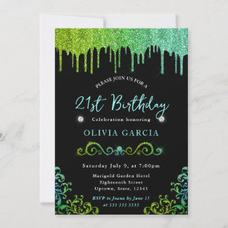 Glam Green und Blue Glitzer 21. Geburtstag Einladung