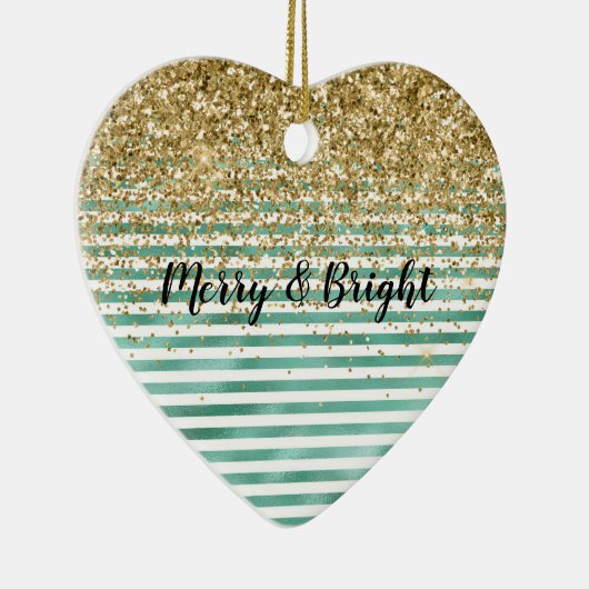 Glam Green White Stripes Gold Glitzer Keramik Ornament (Rechts)