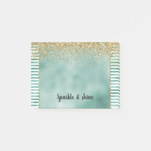 Glam Green White Stripes Gold Glitzer Post-it Klebezettel