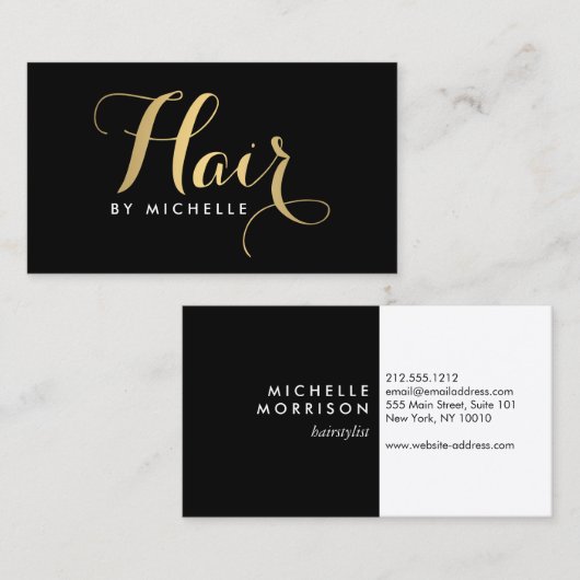 Glam Hairstylist Script Text Gold/Schwarz Visitenkarte (Vorne/Hinten)