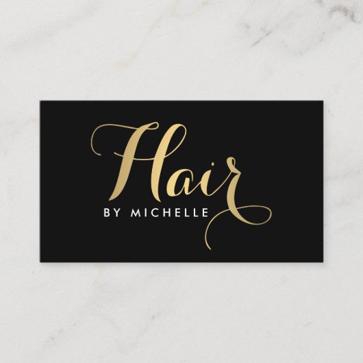 Glam Hairstylist Script Text Gold/Schwarz Visitenkarte (Vorderseite)