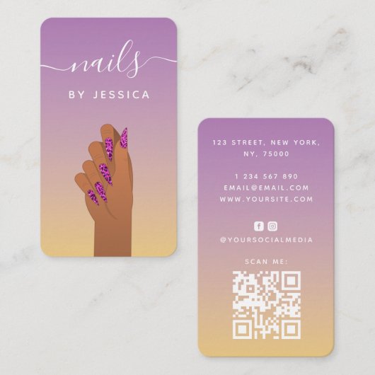 Glam Hand Leopard Nail Print Qr Code Social Media Visitenkarte (Vorne/Hinten)