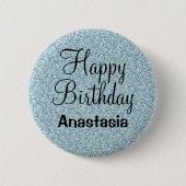 Glam Happy Birthday Blue Silver Glitzer Glitzern Button (Vorderseite)