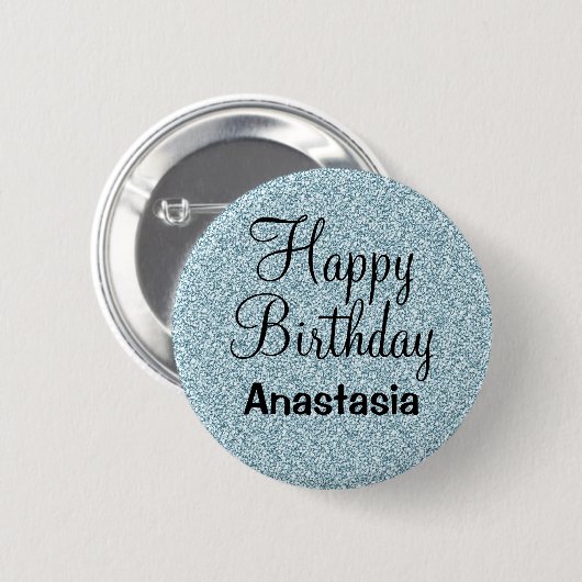 Glam Happy Birthday Blue Silver Glitzer Glitzern Button (Vorne & Hinten)