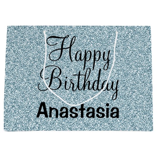 Glam Happy Birthday Blue Silver Glitzer Glitzern Große Geschenktüte (Vorderseite)