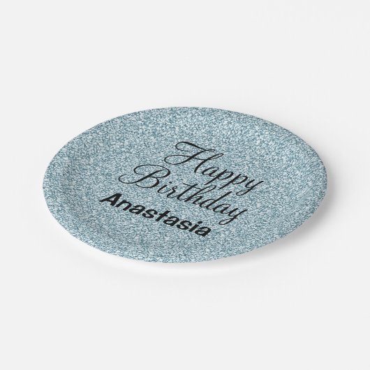 Glam Happy Birthday Blue Silver Glitzer Glitzern Pappteller (Schrägansicht)