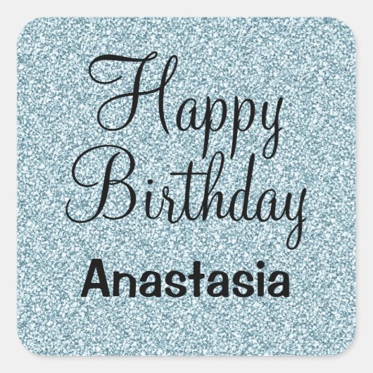 Glam Happy Birthday Blue Silver Glitzer Glitzern Quadratischer Aufkleber (Vorderseite)