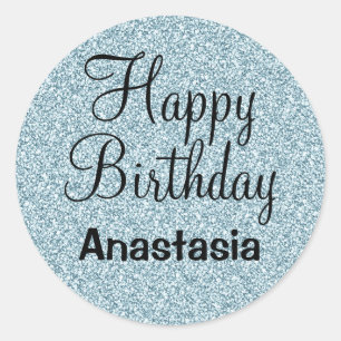 Glam Happy Birthday Blue Silver Glitzer Glitzern Runder Aufkleber