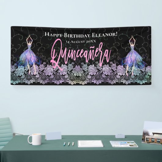 Glam Happy Birthday Dancers Quinceanera Pink Black Banner (Messe)