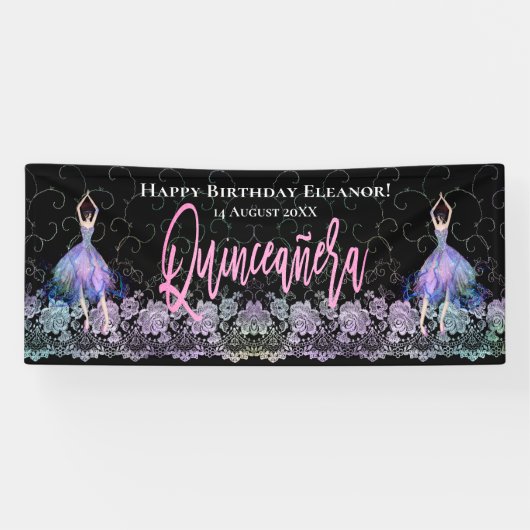 Glam Happy Birthday Dancers Quinceanera Pink Black Banner (Horizontal)
