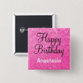 Glam Happy Birthday Hot Pink Glitzer Sparkname Button (Vorne & Hinten)