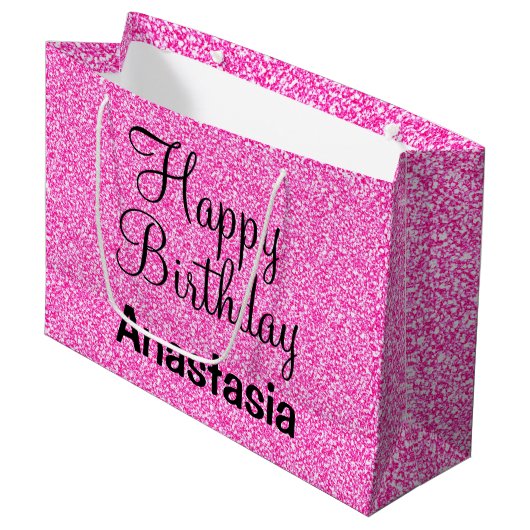 Glam Happy Birthday Hot Pink Glitzer Sparkname Große Geschenktüte (Vorderseite Schrägansicht)