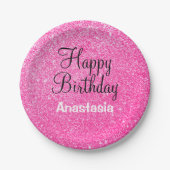 Glam Happy Birthday Hot Pink Glitzer Sparkname Pappteller (Vorderseite)