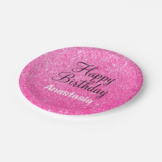 Glam Happy Birthday Hot Pink Glitzer Sparkname Pappteller (Schrägansicht)