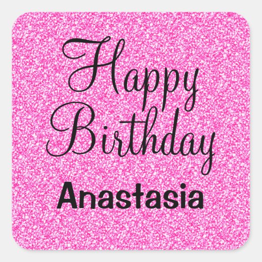 Glam Happy Birthday Hot Pink Glitzer Sparkname Quadratischer Aufkleber (Vorderseite)