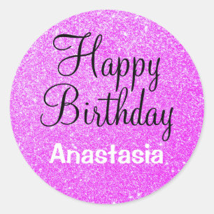 Glam Happy Birthday Lila Glitter Funkeln Name Runder Aufkleber