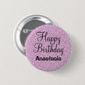 Glam Happy Birthday Lila Glitzer Sparkle Name Button (Vorne & Hinten)