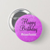 Glam Happy Birthday Lila Glitzer Sparkle Name Button (Vorne & Hinten)