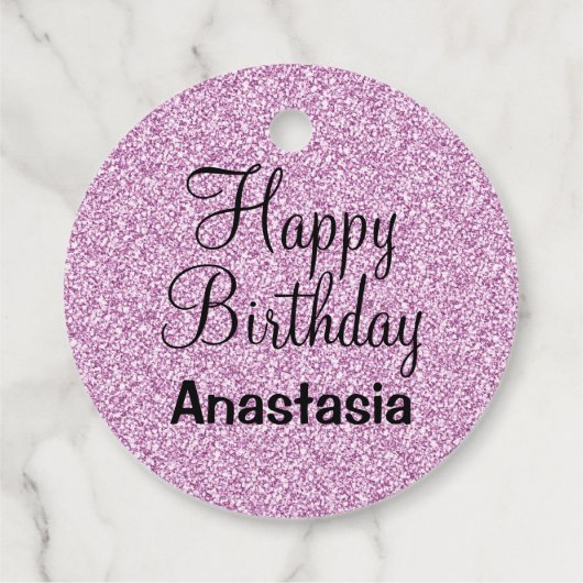 Glam Happy Birthday Lila Glitzer Sparkle Name Geschenkanhänger (Rückseite)