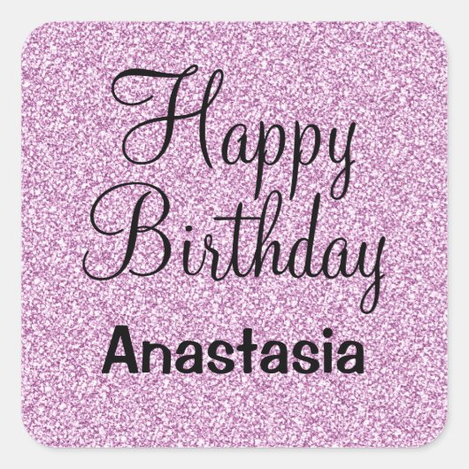 Glam Happy Birthday Lila Glitzer Sparkle Name Quadratischer Aufkleber (Vorderseite)