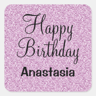 Glam Happy Birthday Lila Glitzer Sparkle Name Quadratischer Aufkleber