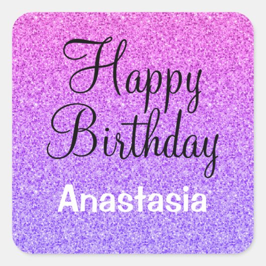Glam Happy Birthday Ombre Lila Glitzer Glitzern Quadratischer Aufkleber (Vorderseite)