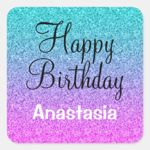 Glam Happy Birthday Ombre Pink Blau Lila Glitter Quadratischer Aufkleber