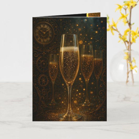 Glam Happy New Year Steampunk Champagne Karte (Gelbe Blume)