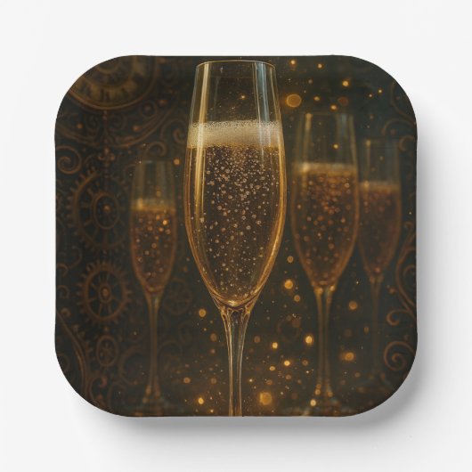 Glam Happy New Year Steampunk Champagne Pappteller (Vorderseite)