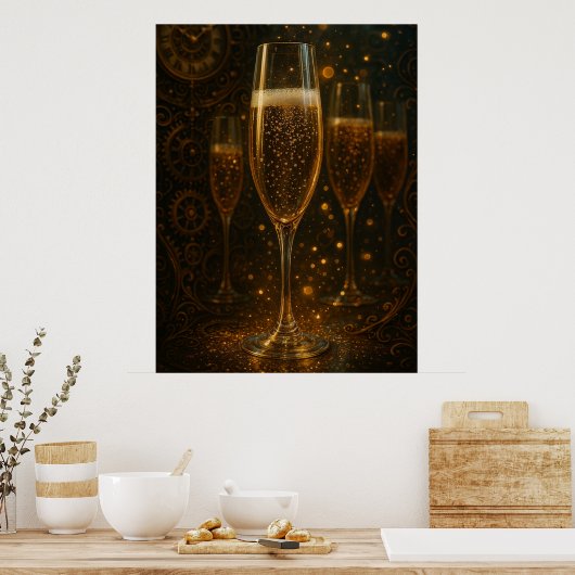 Glam Happy New Year Steampunk Champagne Poster (Küche)