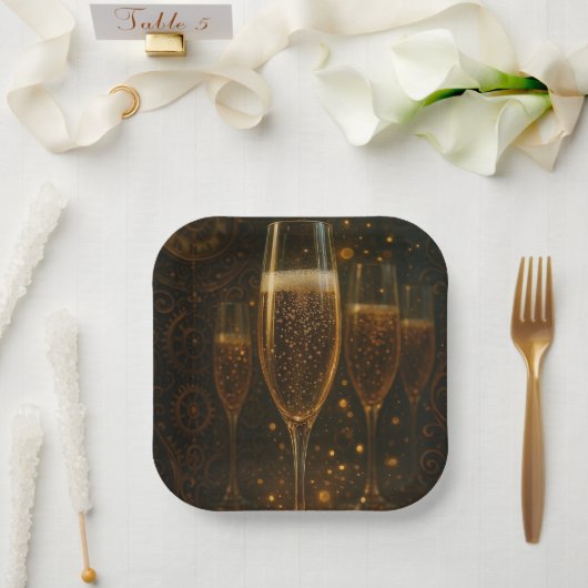Glam Happy New Year Steampunk Champagner  Pappteller (Hochzeit)