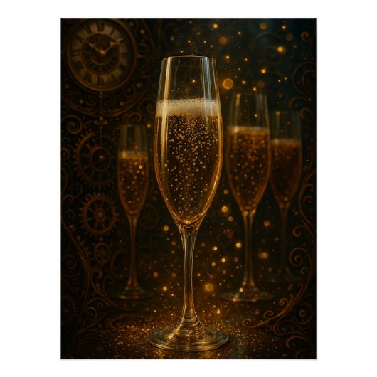 Glam Happy New Year Steampunk Champagner Poster (Vorderseite)
